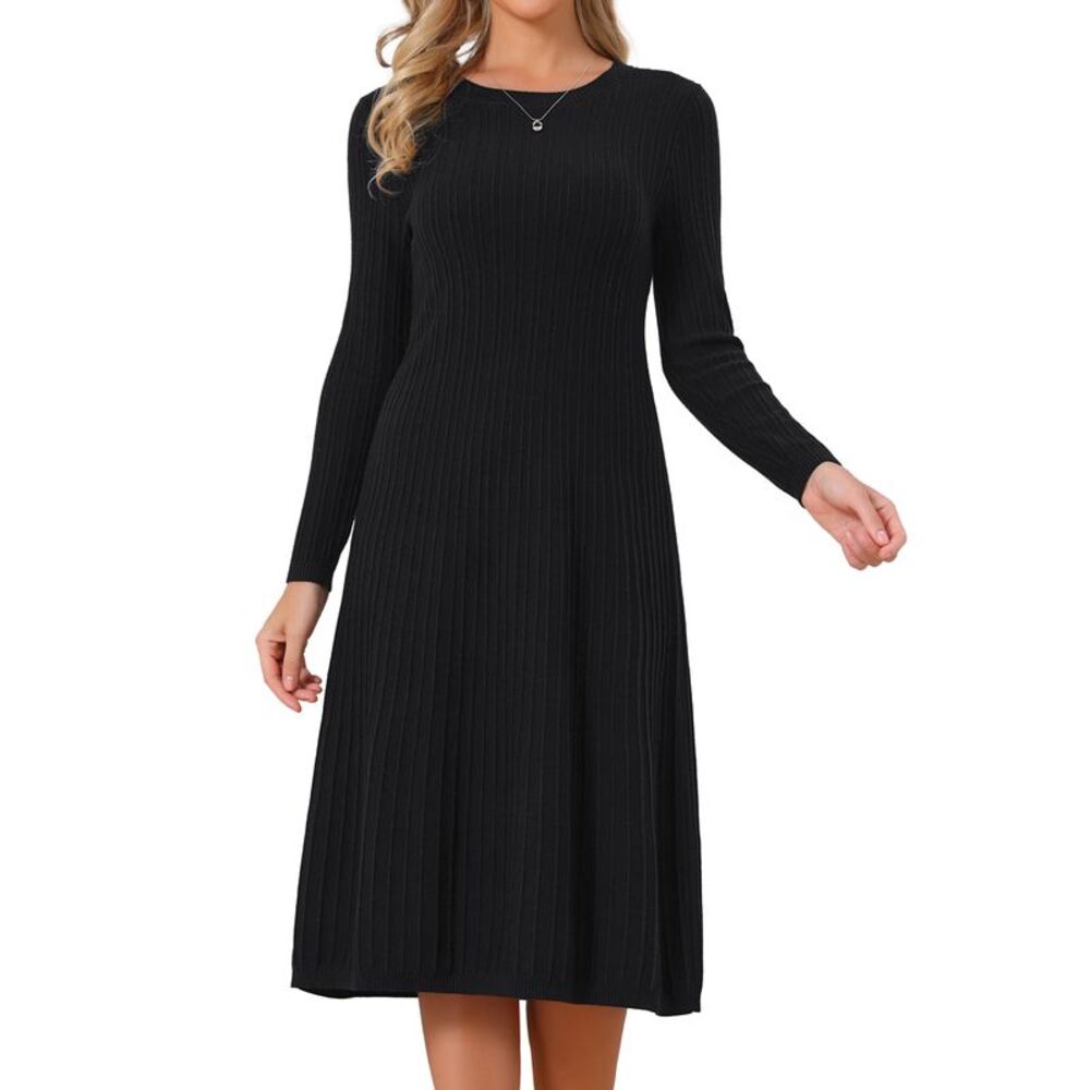 Women's Sweater Dress Long Sleeve A Line Ribbed Knit Midi Dresses Black